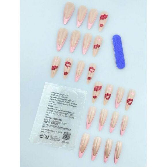 Valentine’s Medium Length Water Drop Shape French Ombre Heart Kiss 24 Piece Set - Picture 3 of 7